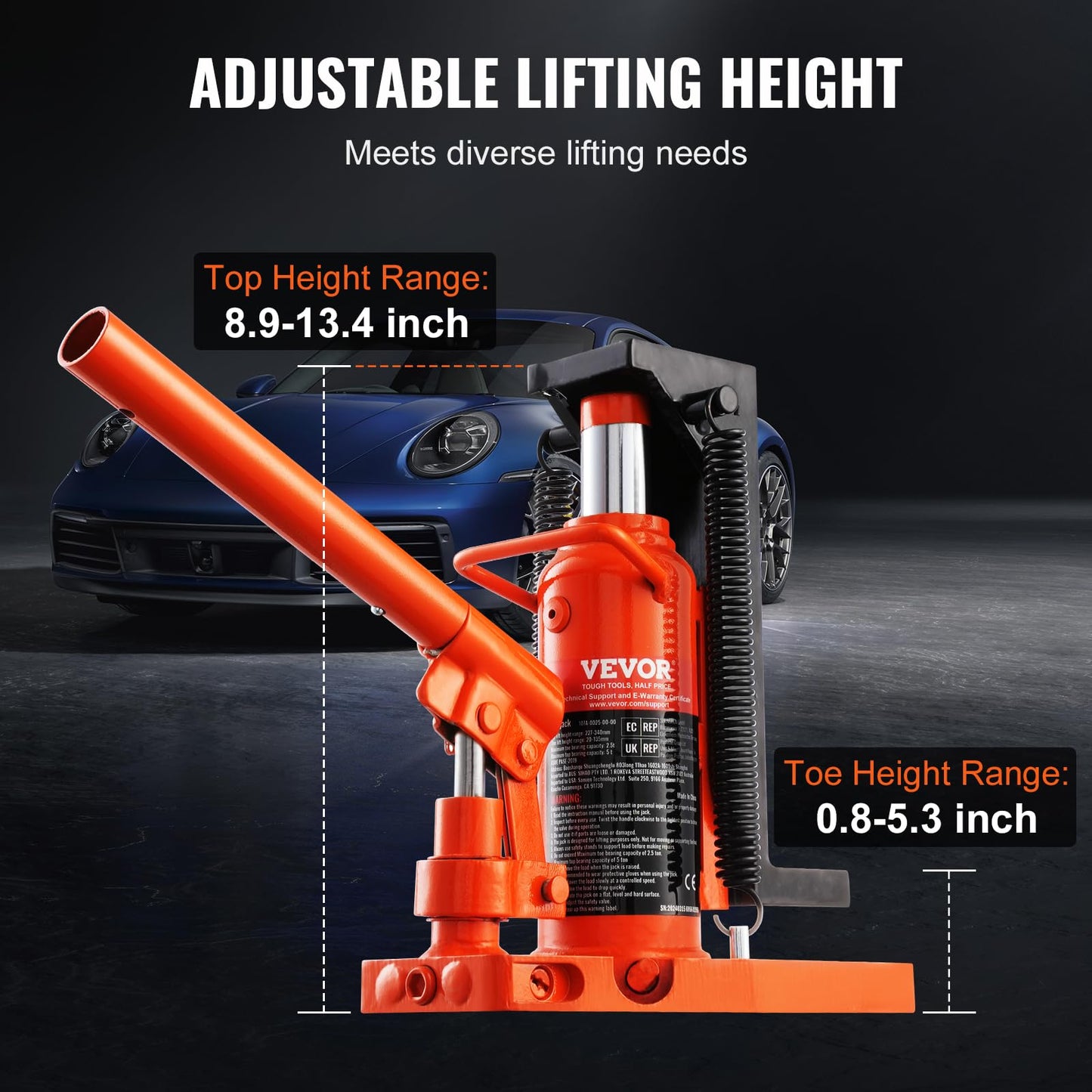 VEVOR Hydraulic Jack, 2.5 Ton Toe Lift, 5 Ton Top Lift, 0.8-5.3 in Toe Height, 8.9-13.4 in Top Height, Air Hydraulic Claw Jack for Machinery, Industry