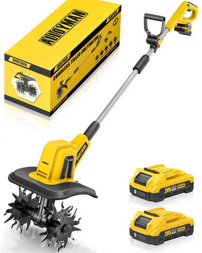 Alloyman 20V Cordless Tiller Cultivator, 360RPM Electric Garden Tiller, with 2 * 2.0Ah Batteries & Charger, 9In Tilling Width and 6.6In Depth Garden Rototiller for Lawn/Gardening/Soil Cultivation