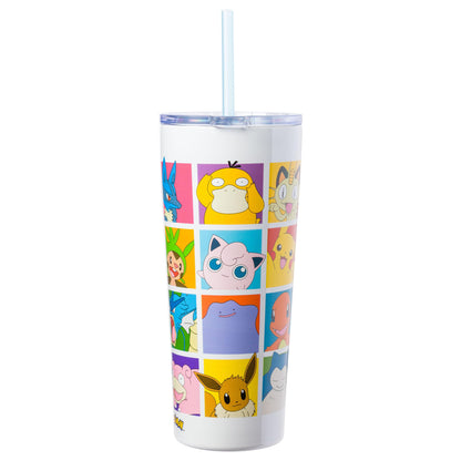 Silver Buffalo Pokemon Pikachu, Snorlax, Charmander, Squirtle, Bulbasaur, Eevee, Gengar, Togepi, Magikarp, Psyduck, Jigglypuff, Meowth, Mew Double Walled Stainless Steel Tumbler with Straw, 22 Ounces