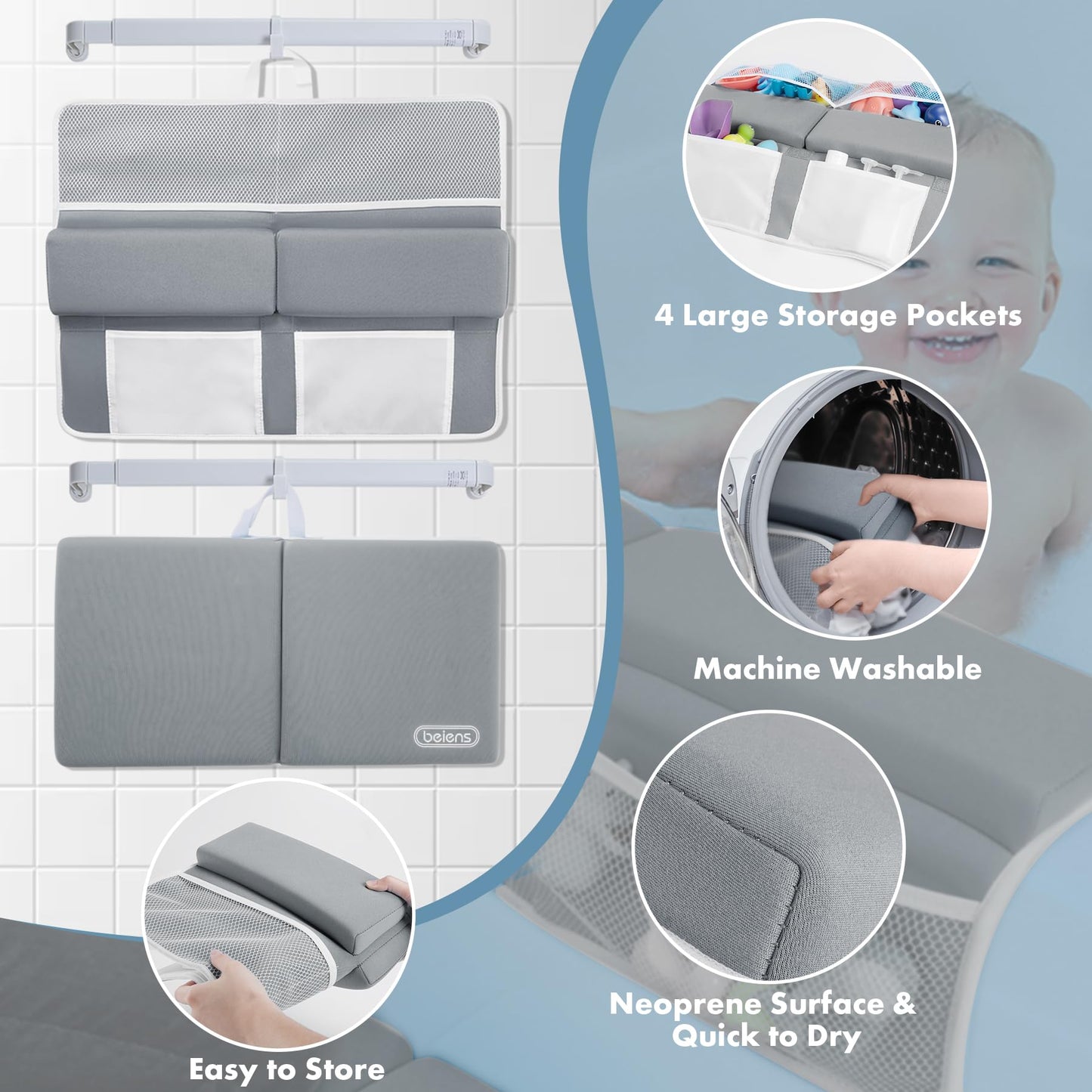 beiens Bath Kneeler and Elbow Rest Pad Set - 1.5'' Comfortable Thick Baby Bath Kneeler Pads, Quick Dry Soft Kneeling Pad for Baby Bath Time, Non-Slip Knee& Arm Support Bathtub Mat with Toys Organizer
