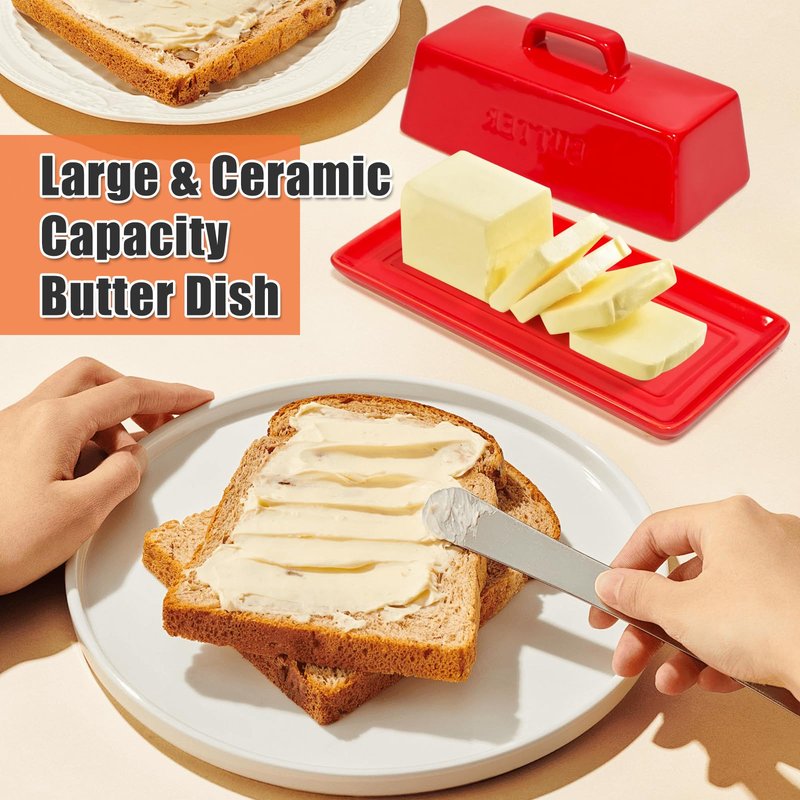 Gute Butter Dish with Lid for Countertop, Covered Ceramic Butter Dish, Butter Tray Storage for 1 Stick of Butter, Butter Keeper Container with Handle for Kitchen, Red