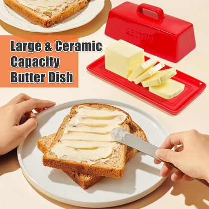 Gute Butter Dish with Lid for Countertop, Covered Ceramic Butter Dish, Butter Tray Storage for 1 Stick of Butter, Butter Keeper Container with Handle for Kitchen, Red