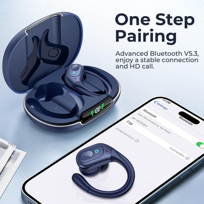 occiam Active Noise Cancelling Earbuds Wireless Bluetooth Headphones Ear Buds 90Hrs Playback Stereo Bass Earphones with Mic Over-Ear Hooks IPX7 Waterproof Headset for Work Sports Running Gym Deep Blue