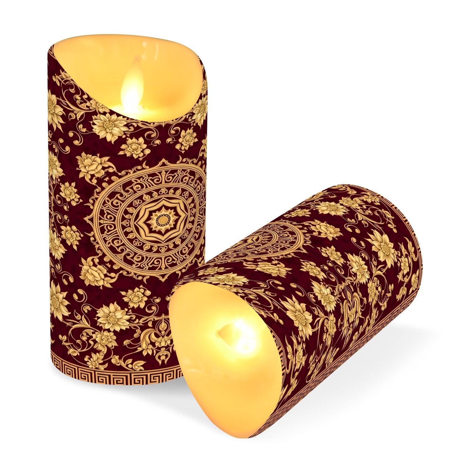 Gravopti Gold Floral Mandala 2 Pack Flameless LED Pillar Candles with Remote & Timer, Battery Operated, Flickering Wax Candle for Wedding, Romantic Home & Party Decor