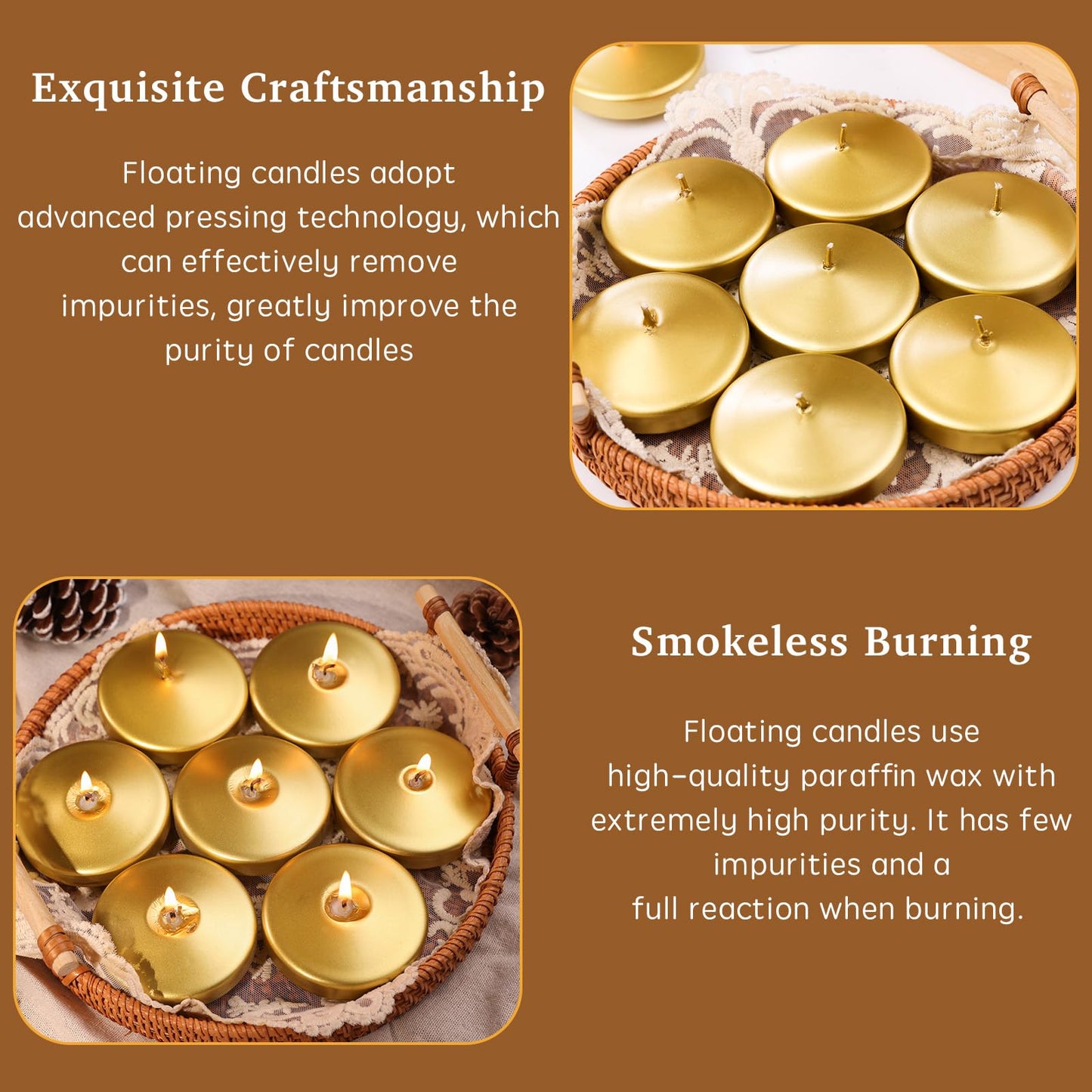 3 inch Floating Candles 36 Packs Gold Floating Candle for Centerpieces 8-9 Hours Floating Candles 3” Water Candles for Cylinder Vases, Pool, Wedding, Mother's Day