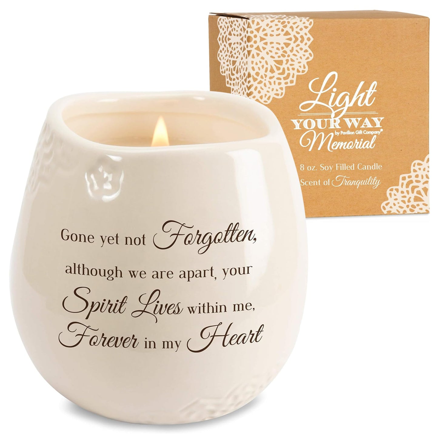 Pavilion - 8 Oz Candle Holder - White Ceramic Candle Jar with 100% Soy Wax Candle Tranquility Scent Gone Yet Not Forgotten Ideal Remembrance Gift for Love One Who Passed - Printed Text & Love Theme