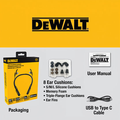 DEWALT Heavy Duty Magnetic Bluetooth Neckband Headphones, Wireless Around the Neck Earbuds w/30H Runtime+Noise Isolation, HandsFree Magnetic Wireless Earphones w/Mic Bluetooth Headsets - Black Edition