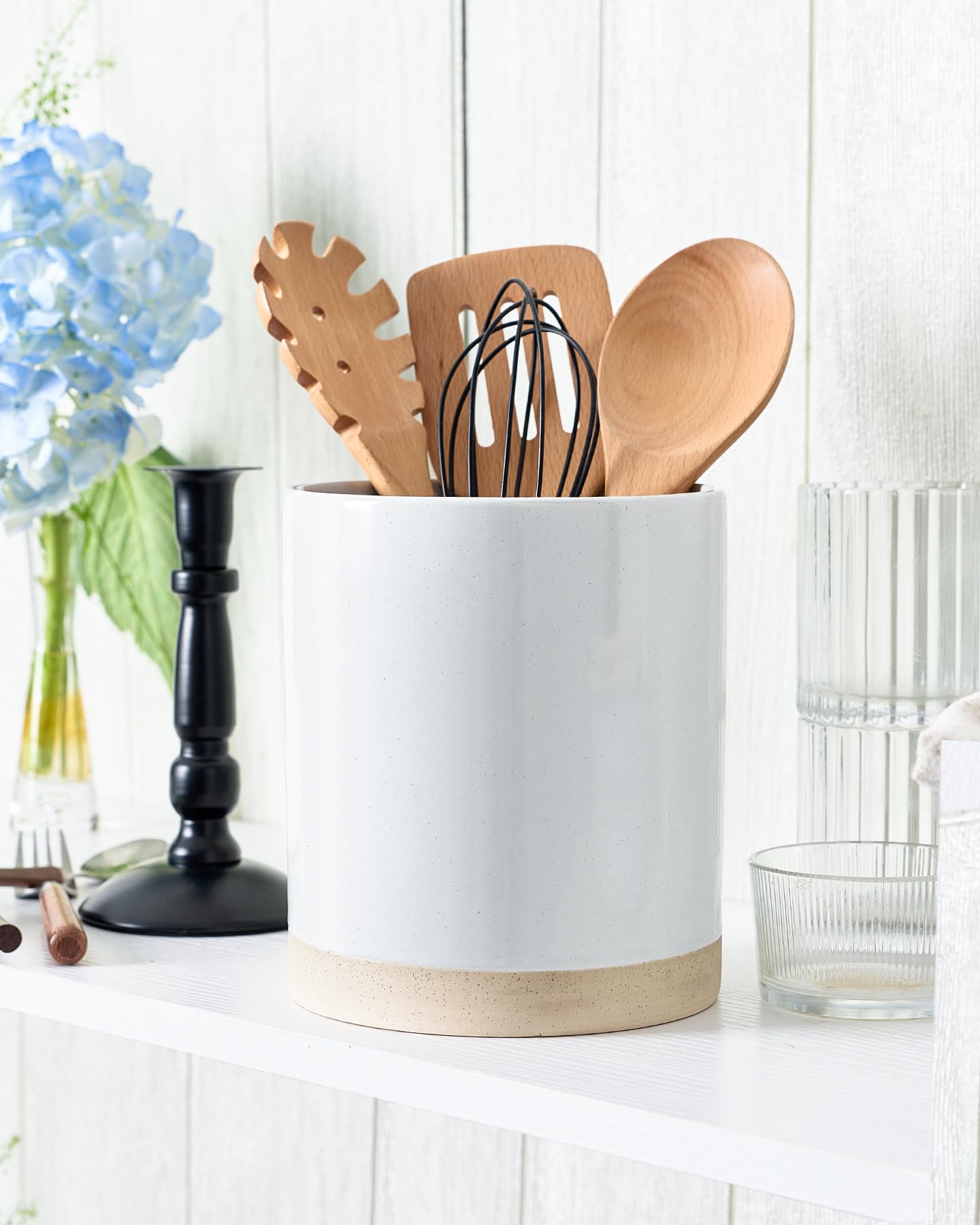 famiware Milkyway Kitchen Utensil Holder for Countertop, 7.2"+5.8" Ceramic Cooking Utensil Crocks for Counter, Utensil Organizer for Spatula & Spoon, Kitchen Decor, Set of 2, White