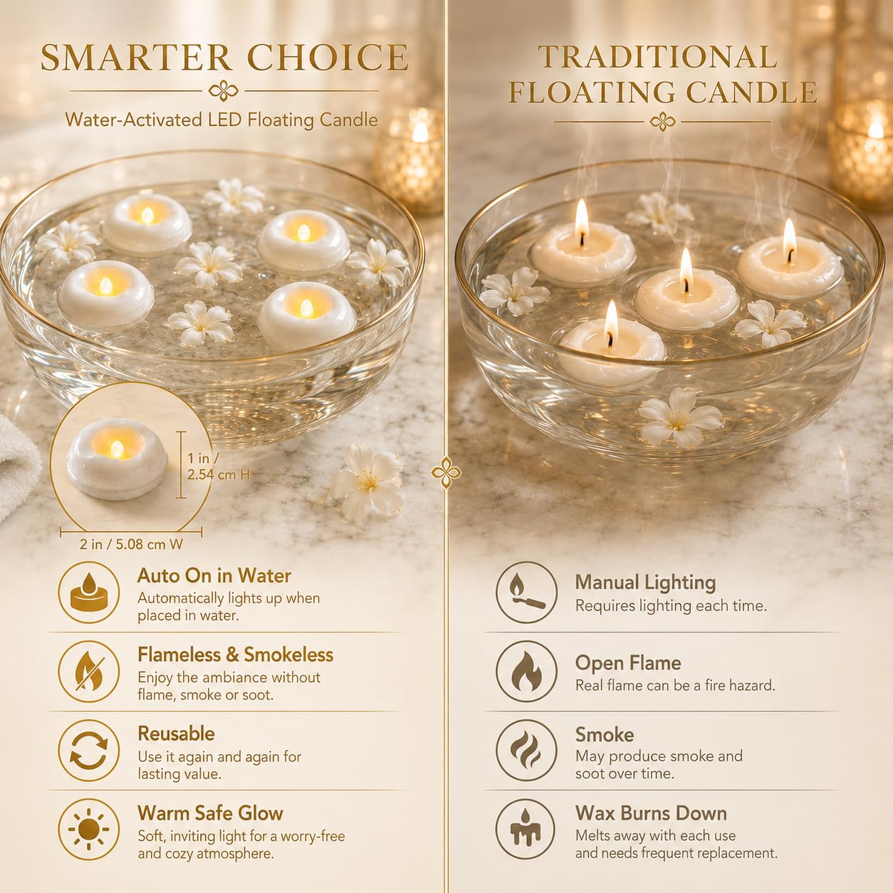 24 Pack 2.3” Flameless LED Floating Candles, Water-Activated Battery Operated Floating Candle with180+ Hours Runtime for Cylindrical Vase, Pool, Fountain - Ideal for Wedding, Party Decoration