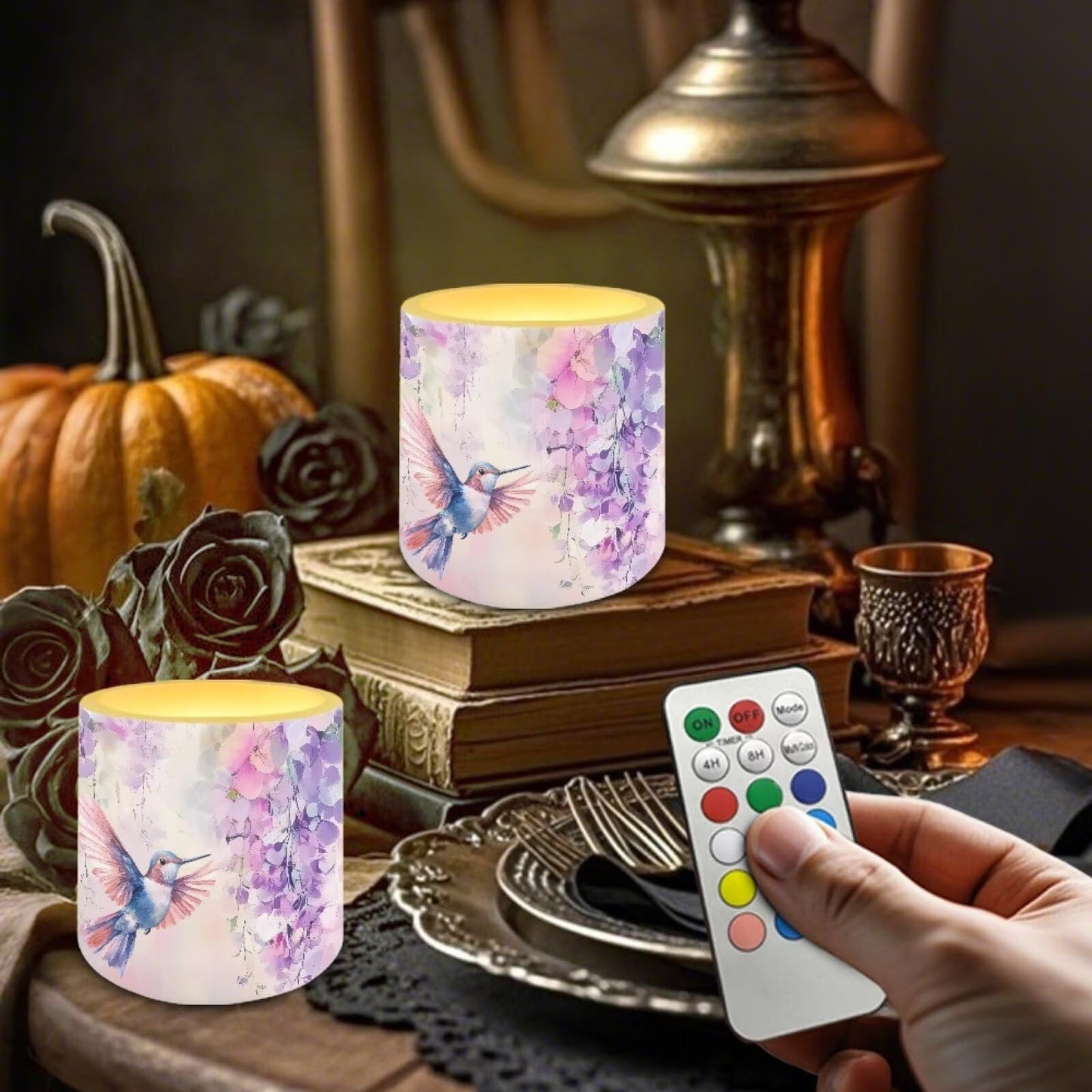 NETILGEN Purple Floral Hummingbird Flameless LED Candles Pack of 4 Color Changing Battery Operated Flickering LED Pillar Candles with Remote Timer Control