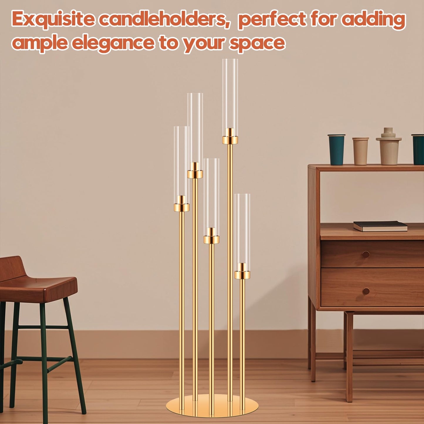 8 Set 5 Arm Gold Candle Holder, Mjkeomo 41.3'' Tall Candelabra Centerpieces for Tables Gold Candlesticks Holder for Housewarming Gift Fireplace Dinner Halloween Christmas Decor Fit 0.82'' LED Candle