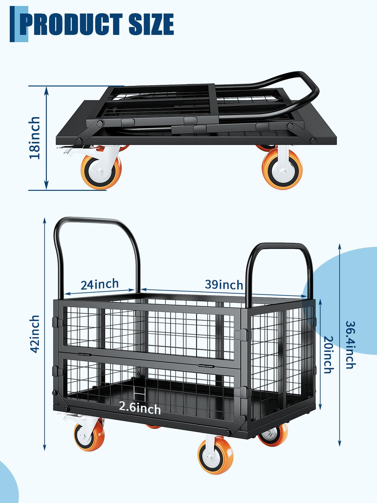 GarveeTech Platform Truck Cart with Cage, 6-in-1 Multi-Purpose Flatbed Cart, Foldable Hand Truck Load 1800 LBS with 4 Wheels Push Cart Dolly for Grocery, Laundry, Garage, Warehouse (Black)