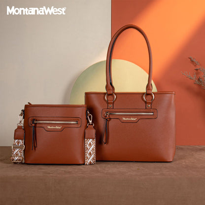 Montana West tote purse for women medium crossbody purse set 2pcs brown cute trendy woman handbag and purse ladies designer handbag with guitar strap MWC-HB-SET-330-BR