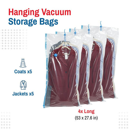 Spacesaver Hanging Vacuum Storage Bags (Pack of 4) - Vacuum Sealer Bags, Closet Organizer, Sealed Storage, Space Bag - Blanket, Bedding, Garment, Clothing, Dress, Suit, Long Coat, Jacket