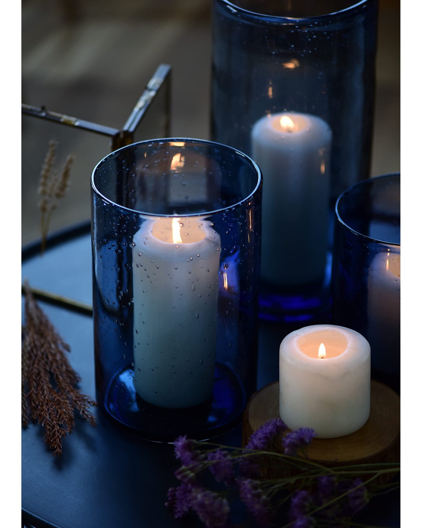 ARIAMOTION Glass Hurricane Candle Holder for Pillar Blue Cylinder Vase Flower Centerpiece Seeded Bubbles Modern Table Decoration for Kitchen Living Room 8 Inch 5 inch Diam