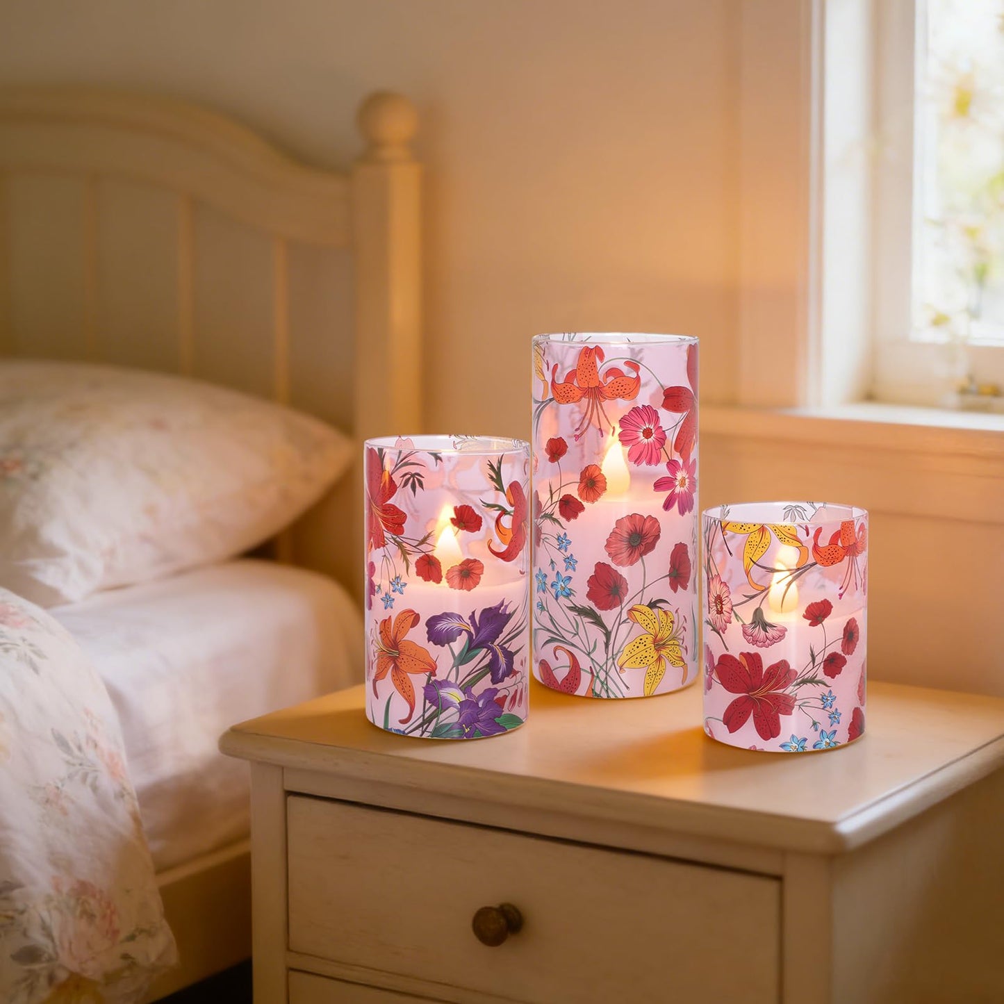 Impress Life Floral Flameless Candles with Remote, 3PCS Battery Operated LED Pillar Candles, Flickering Real Wax Glass Candles for Spring Decor Home Wedding Table Centerpiece Gift