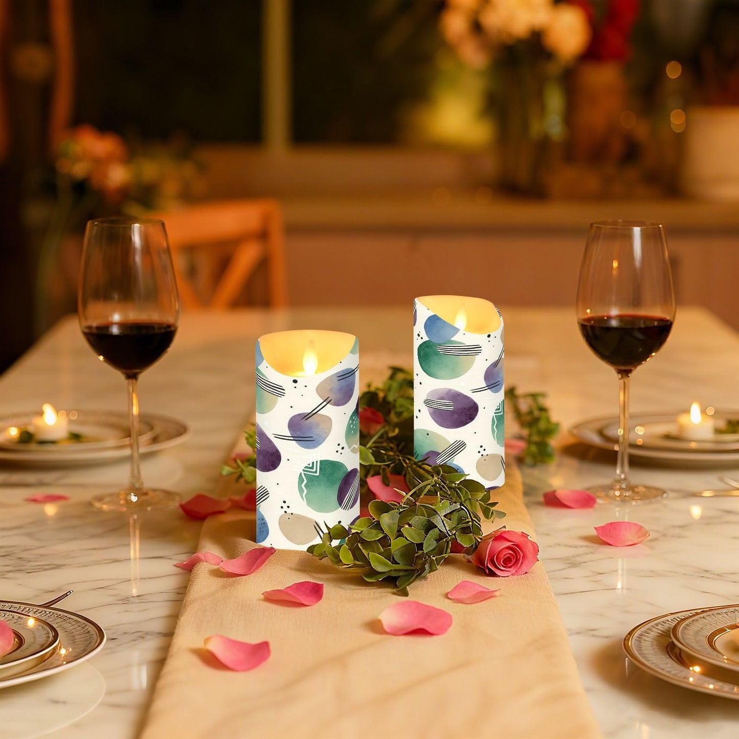 Gravopti Abstract Dots 2 Pack Flameless LED Pillar Candles with Remote & Timer, Battery Operated, Flickering Wax Candle for Wedding, Romantic Home & Party Decor