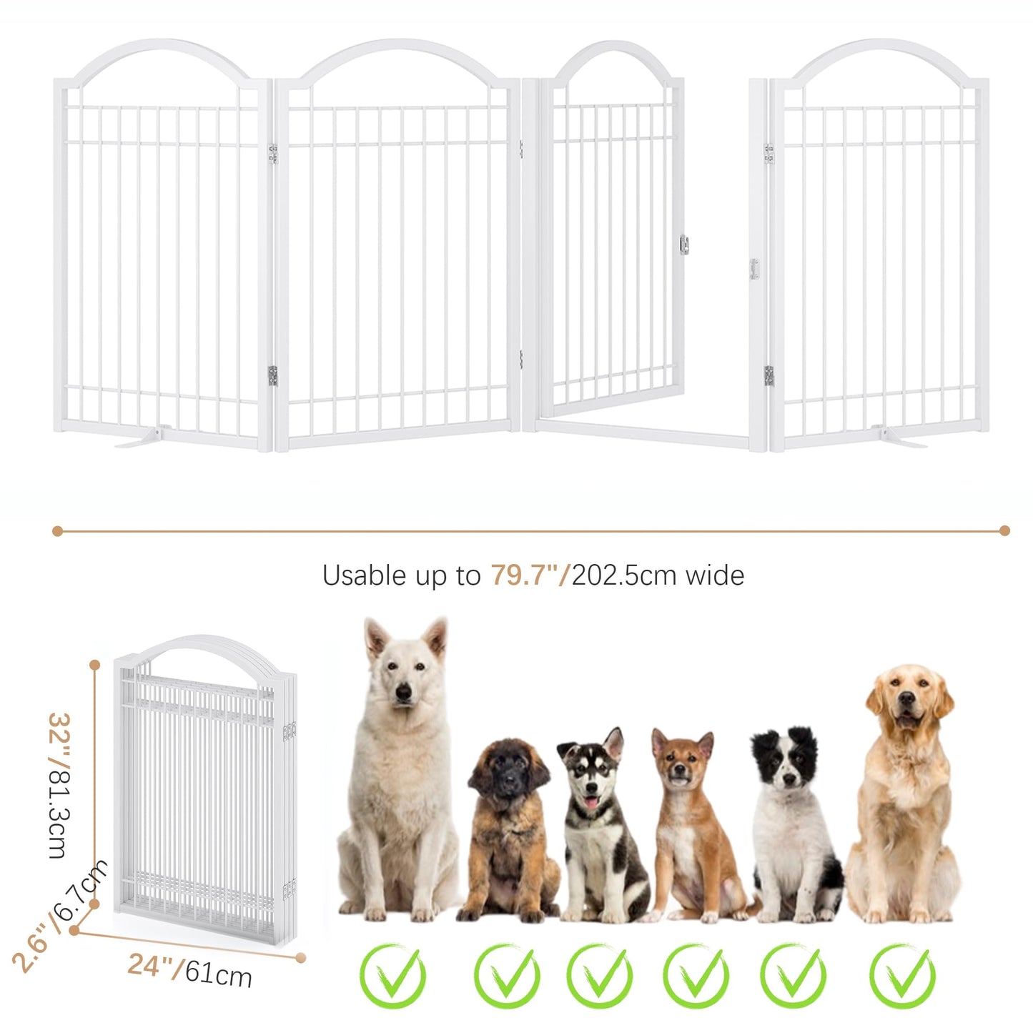 BHG Metal No-Assembly Freestanding Dog Gate with Door Walk Through, Extra Wide 96", Extra Tall 32" Pet Gate, Accordion Puppy Folding Playpen Dog Fence, with 2PCS Support (White, 4 Panels)