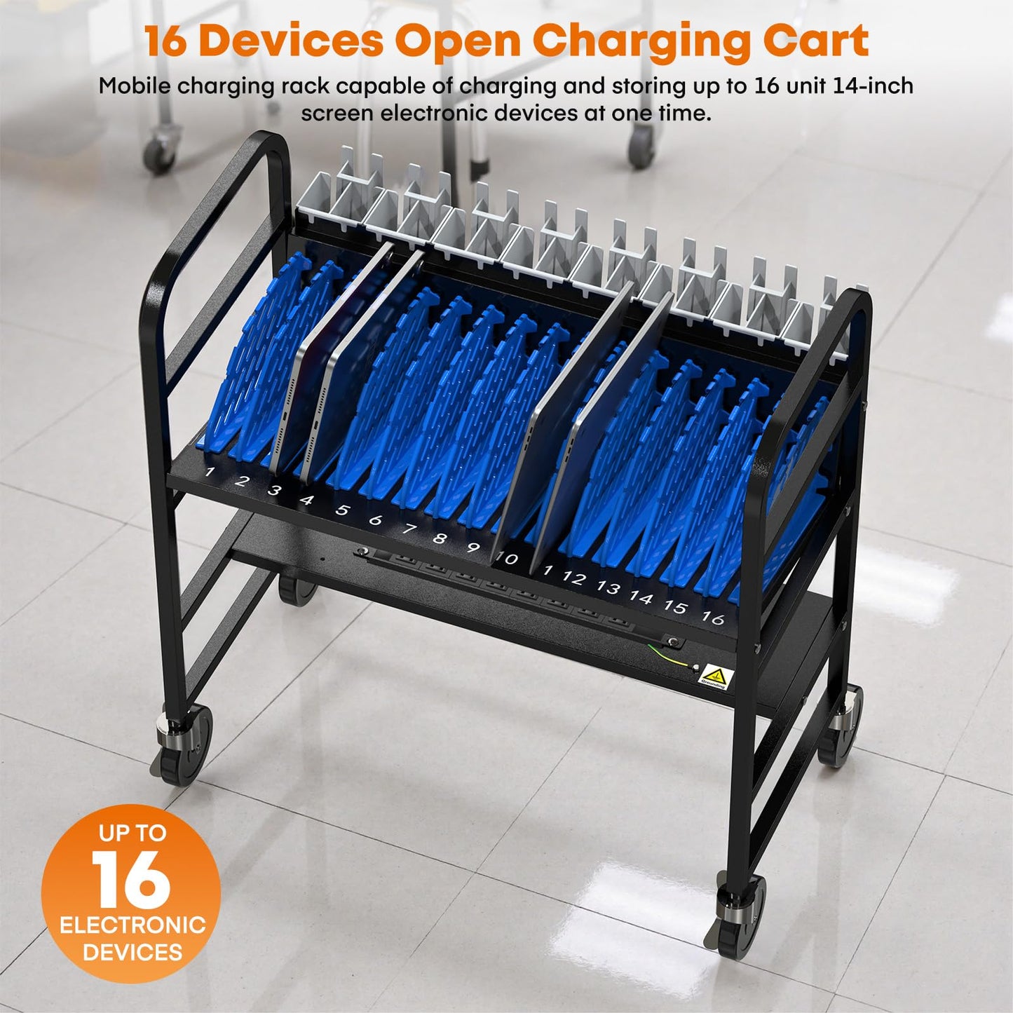 Metateel 16-Device Laptop and Tablet Charging Station, Open Charging Cart with Cord Charger Management, Grounding Protection - Chromebook Organizer for Classroom, Office and Libraries