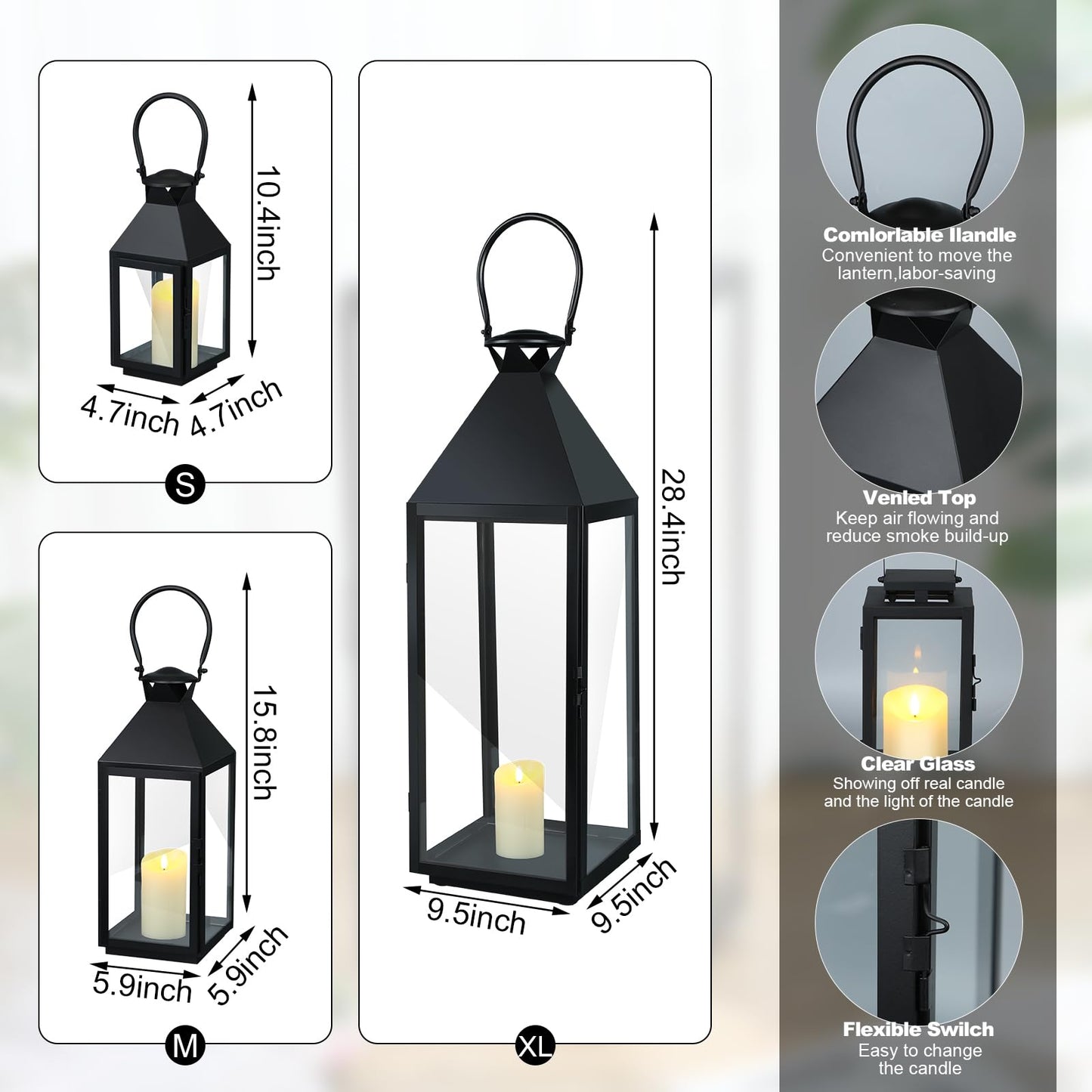 Mifoci Jumbo Black Metal Decorative Lanterns with Clear Glass Panel Hurricane Candle Lantern for Home Decor Party Event Tabletop Front Porch Wall Hanging Indoor Outdoor(3 Pcs,28'' 16'' 10'')