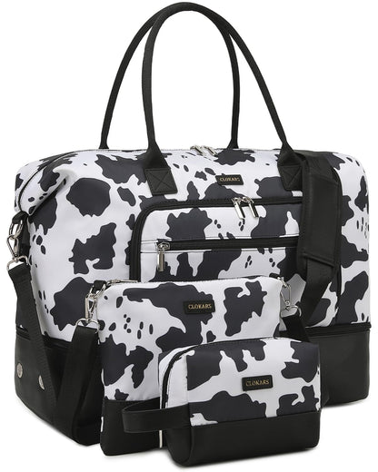CLOKARS Weekender Bags for Women, Travel Duffle Bag Carry On Overnight Bag with Cosmetics Bag and Crossbody Purse for Gym Hospital, Gifts for Women, Cow Print Black