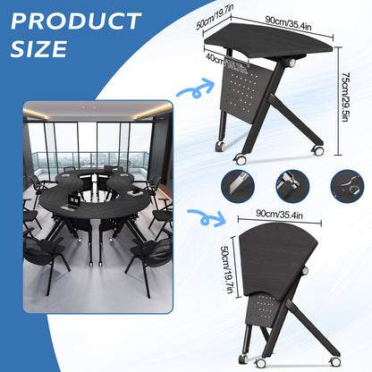 JFazzruit Folding Conference Table,Fan-Shaped Conference Room Tables with Wheels, Mobile Modular Seminar Meeting Desk for Classrooms,Office & Seminar (2, Fan-Black)