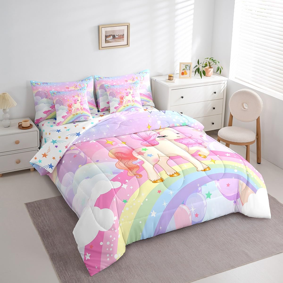 Feelyou Unicorn Girls Bed in a Bag Twin Rainbow Kids Pink Unicorn Comforter Set with Sheets Kawaii Cute Stars 7 Piece Bedding Set Teens Children Adults Cartoon Unicorn Room Decor All Season