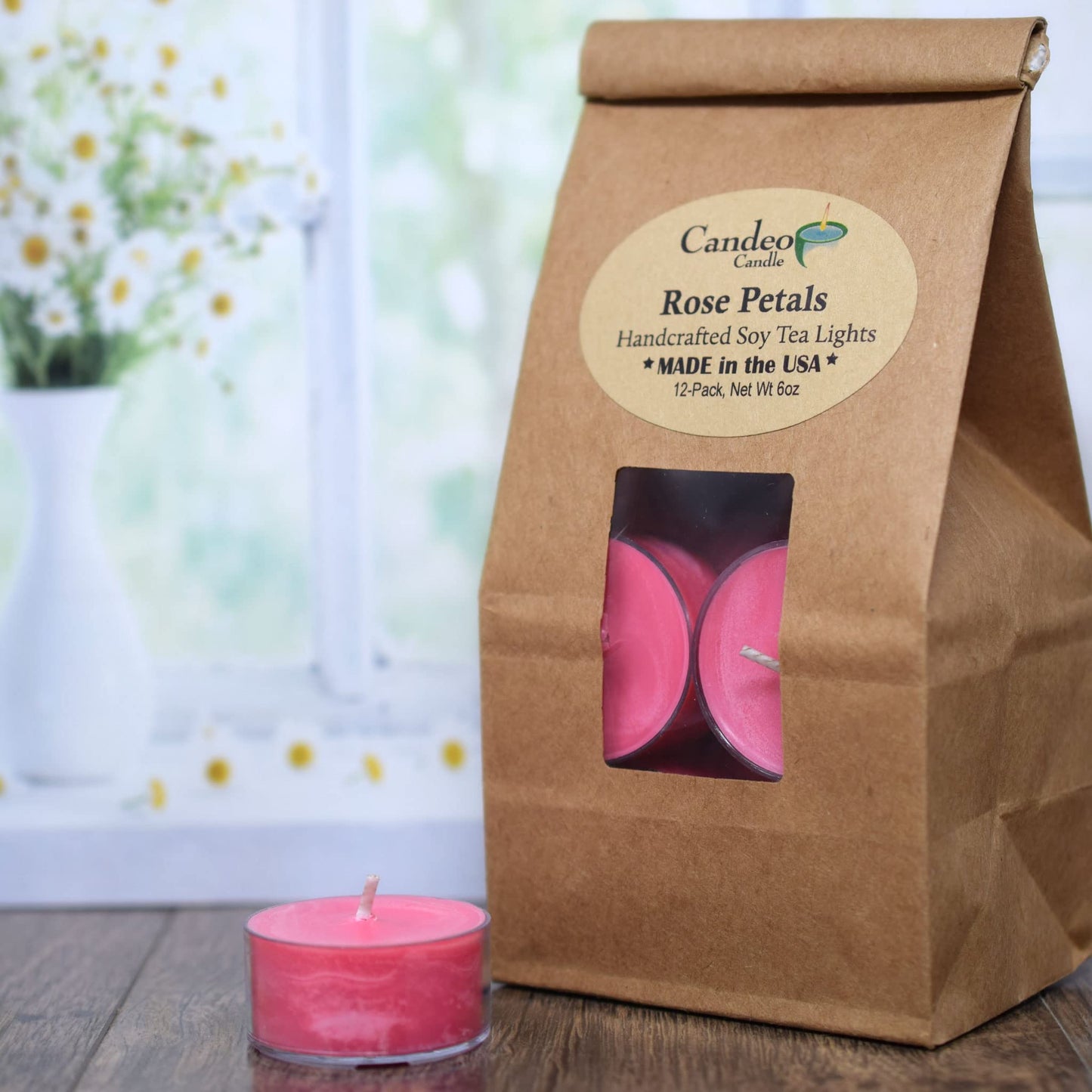 Rose Petals Scented - 12 Pack - Scented Tealight Candles - Soy Beeswax Blend - Handmade in The USA - Candeo Candle - Floral and Spring Scents