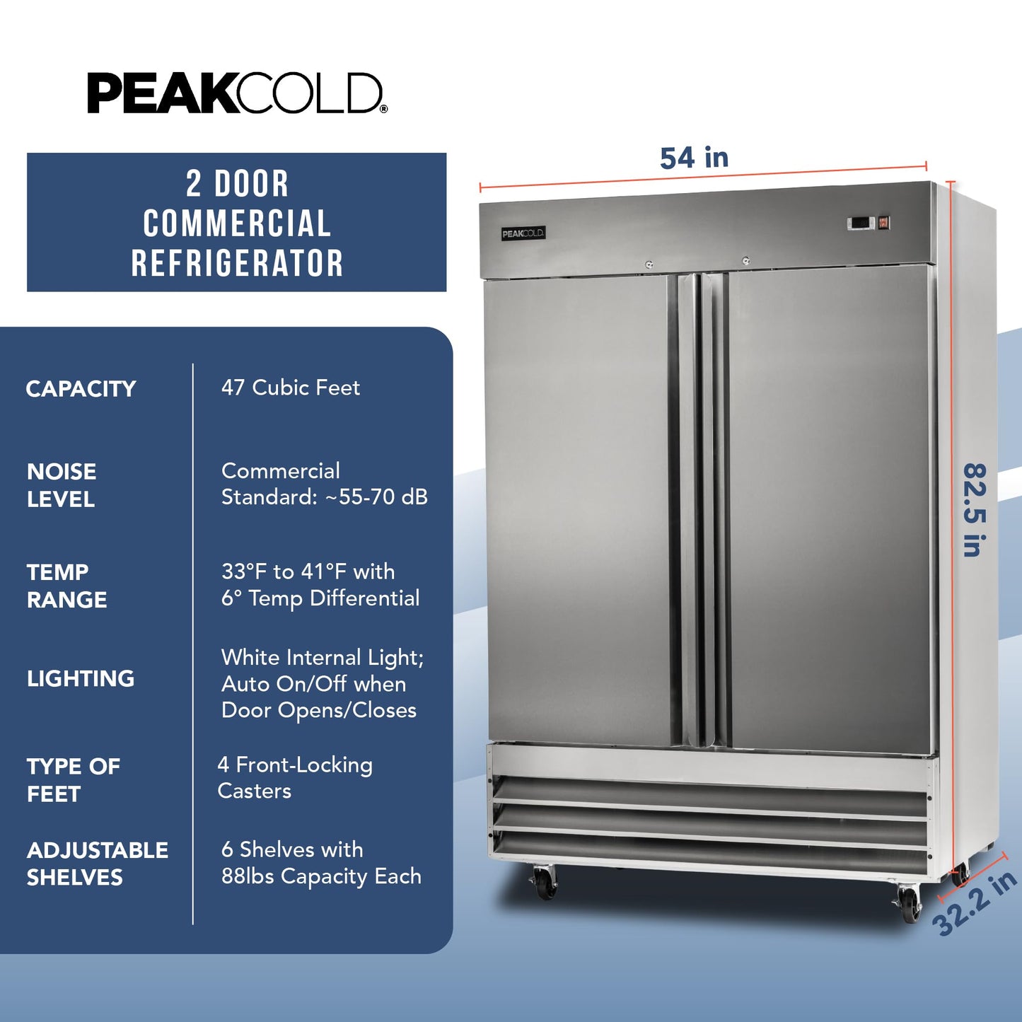 PEAKCOLD Double Door Commercial Refrigerator, 47 Cu. Ft., 54" W Stainless Steel Reach-In Upright Refrigerator, Adjustable Shelves, Auto Defrost, Digital Thermostat, Freestanding Industrial Fridge