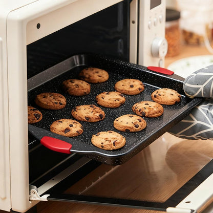 Anveena 3-Piece Nonstick Kitchen Oven Baking Pans - Premium & Stylish Non-Stick Steel, Commercial Grade Restaurant Quality Metal Bakeware with Red Silicone Handles - Easy to Clean black