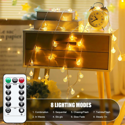Minetom Crystal Globe String Lights - 30 LED Battery Operated Fairy Lights with Remote, 17 ft, Waterproof for Indoor/Outdoor Decor