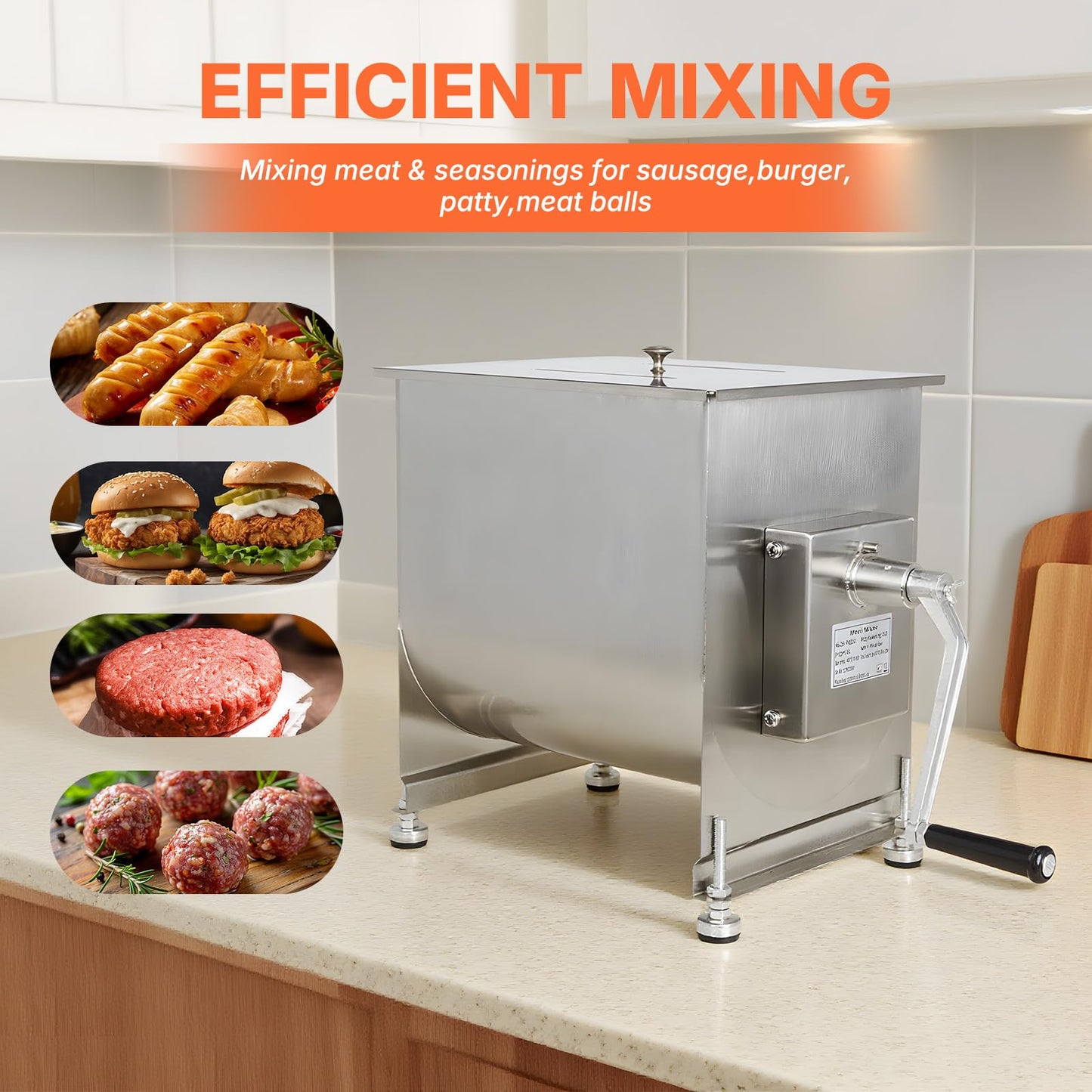 Hakka 15lb/7.5L Manual Meat Mixer, Stainless Steel 10L Fixed Tank Meat Mixer for Sausage (Mixing Max.15lb for Meat)