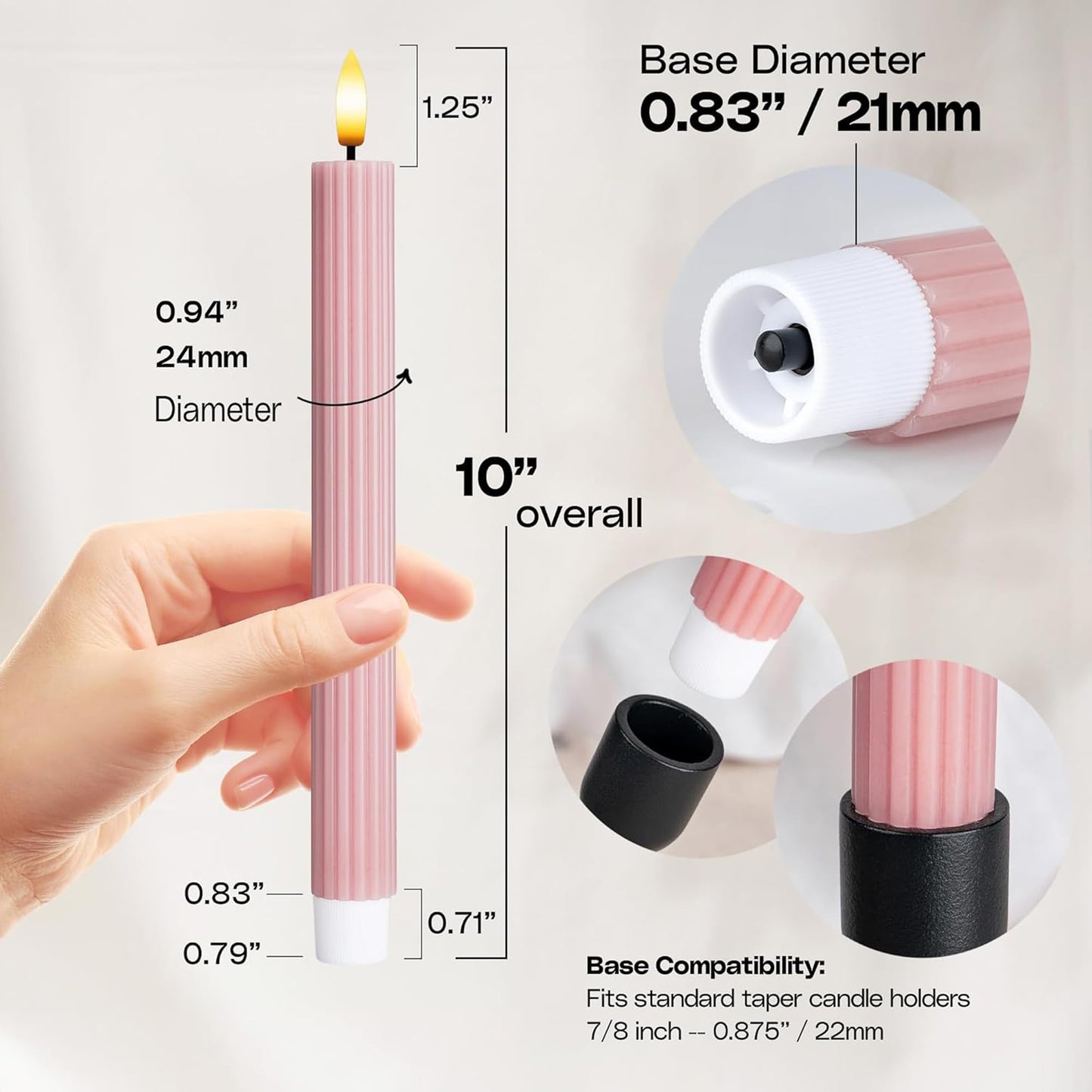 West Ivory 6 Pack, 10" LED Flameless Dusty Rose Fluted Ribbed Grooved Taper Candles, Remote & 24h Timer Memory, On/Off Button, Dimmable, Flicker Mode, Battery Operated, Christmas Menorah Wedding