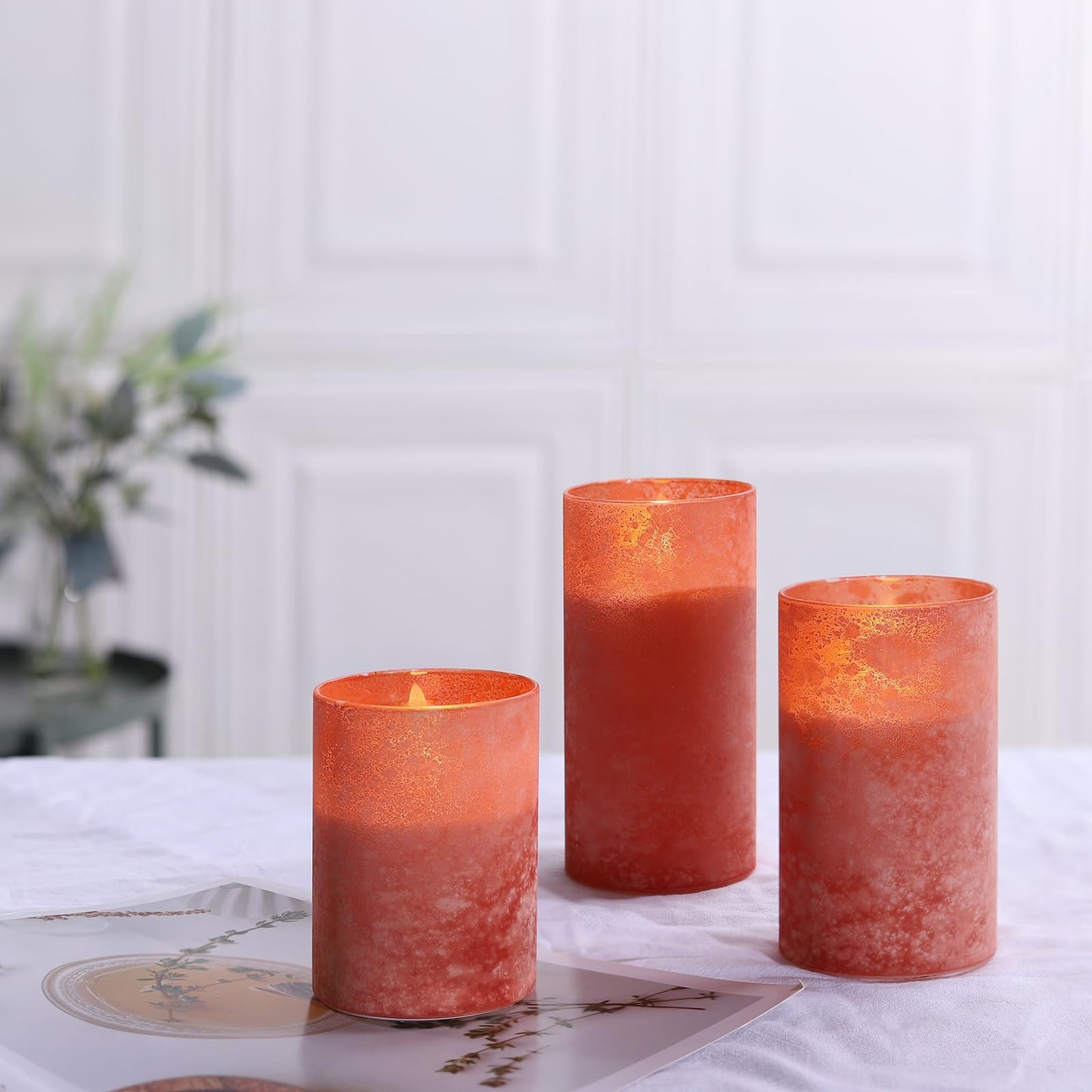 HJANDHJ Orange Flameless Candles, Sandblast Glass Battery Operated Candles with 10-Key Remote and Timer,Set of 3 Realistic Wax Candles for Home Decor (W3 H 4" 5" 6")