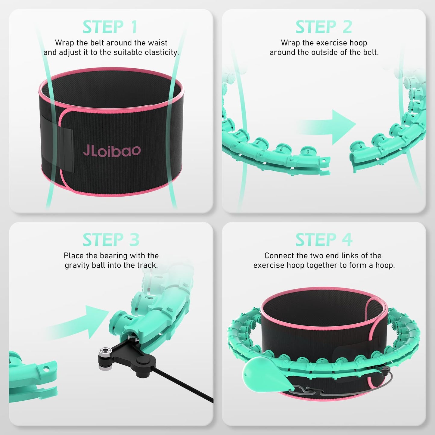 JLoibao Weighted Hula Circle for Adults Weight Loss, Infinity Fitness Hoop Plus Size 51 Inch with Sweat Belt, Include 27 Detachable Links and Waist Trainer for Women(Cyan)