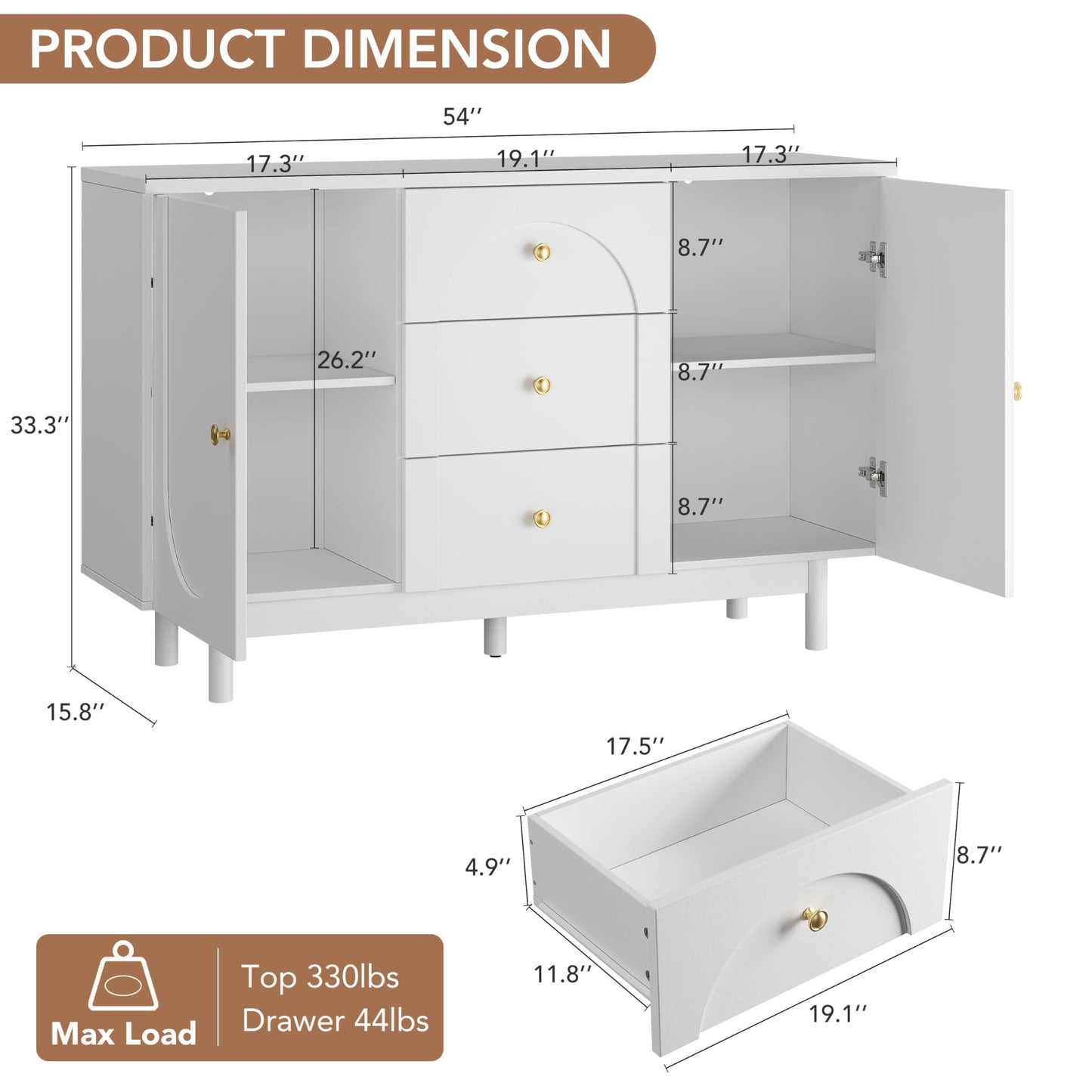 OneBlis Buffet Cabinet with Drawers, 54" Large Sideboard Buffet Storage Cabinet with Adjustable Shelves and Doors, Modern Coffee Bar Station Kitchen Table for Kitchen, Dining Room, White