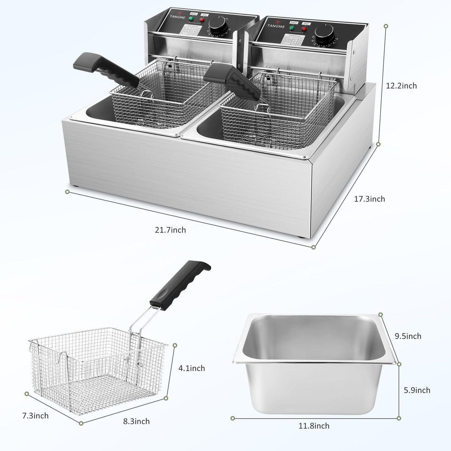 Commercial Deep Fryer, 3400W Electric Deep Fryers with 2x6.35QT Baskets Thickened Stainless Steel Countertop Oil Fryer 20.7QT Large Capacity with Lids Temperature Controller (12L)