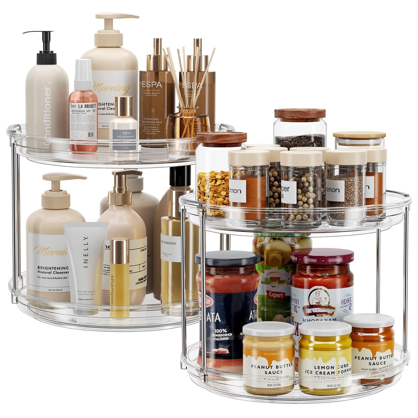 LAMU 2 Tier Lazy Susan Turntable Organizer 9.25'' Rotating Spice Rack Organization for Cabinet, Kitchen, Pantry, Countertop, Bathroom, Vanity, Medicine Cabinet Organizer, Clear