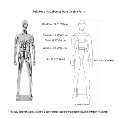 Full Body Male Mannequin with Chrome Metallic Finish, Fiberglass Abstract Dress Form with Posable Head, Futuristic Retail Display Dummy with Metal Base for Men's Fashion Window(Chrome Gold)