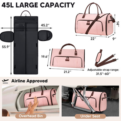 Vessgra Garment Bag for Airplane Travel,Weekender Travel Bag for Women, 2 in 1 Convertable Garment Duffle Bag with Shoes Compartment Carry on Bag Hanging Garment Bag Travel with Shoulder Strap,Pink