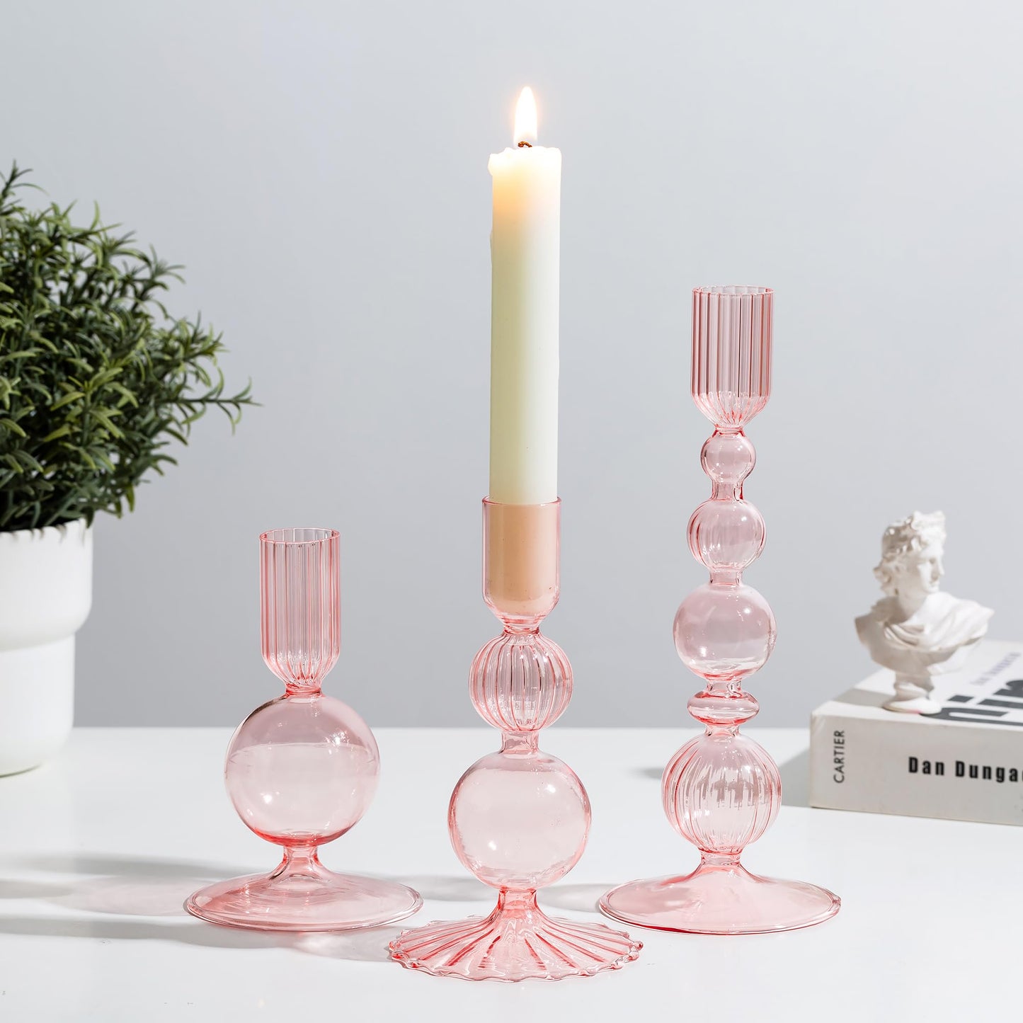 Glasseam Pink Glass Candlestick Holder: Unique Candle Holders Set of 3 Modern Taper Candle Holder Decorative for Table Centerpiece Party Christmas Home Wedding Decoration