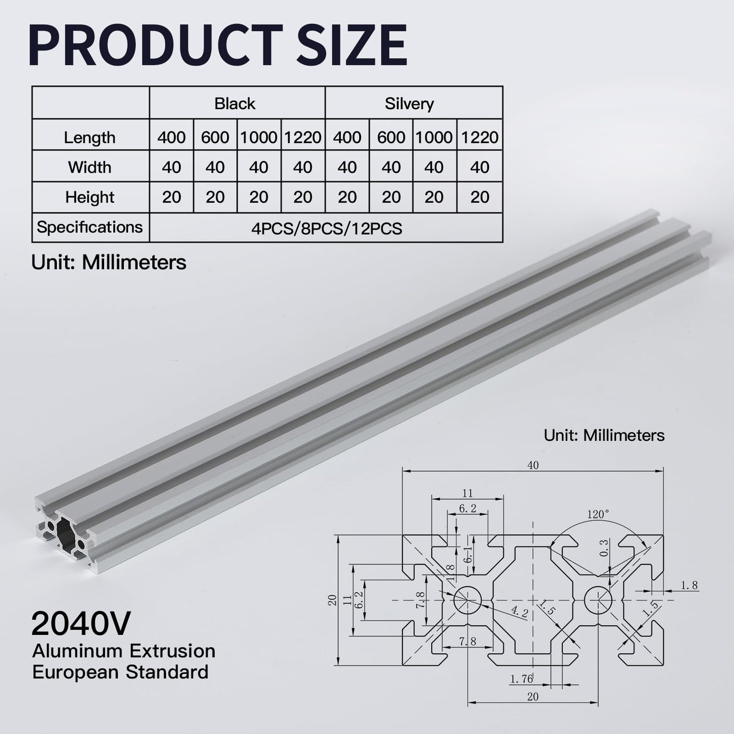 12pcs 1220mm 2040 V-Slot Extrusion Aluminum Profile, Anodized Linear Rail for 3D Printer Frame, CNC Machine, DIY Robotics & Structural Projects Silver