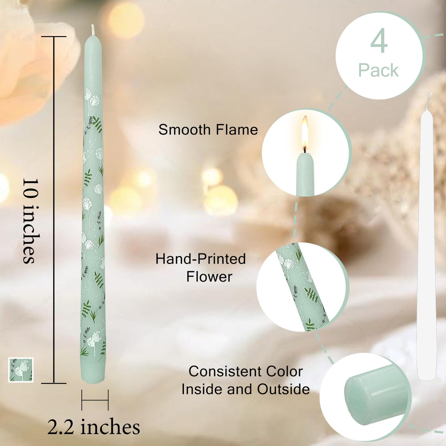 10 inch Blue Taper Candles Set of 4 - Dandelion Taper Candles Smokeless Candle - Slow Burning Candle Sticks for Home Wedding Dinner Holiday Party