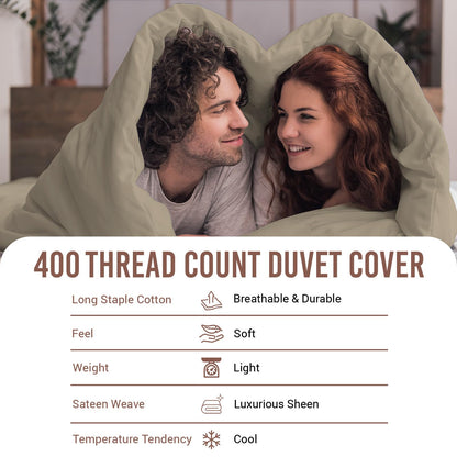 Pizuna Cotton Queen Duvet Cover Set, 400 Thread Count Long Staple Cotton Sateen Weave with Button Closure (Simply Taupe)