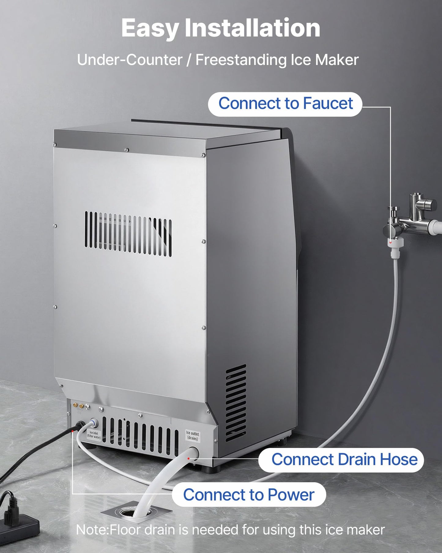VEVOR Commercial Ice Maker Machine, 80 lbs/24h with 13 lbs Storage Capacity, Countertop/Freestanding/Under Counter, Stainless Steel Ice Maker with LED Display & Self-Cleaning, for Home Bar Restaurant