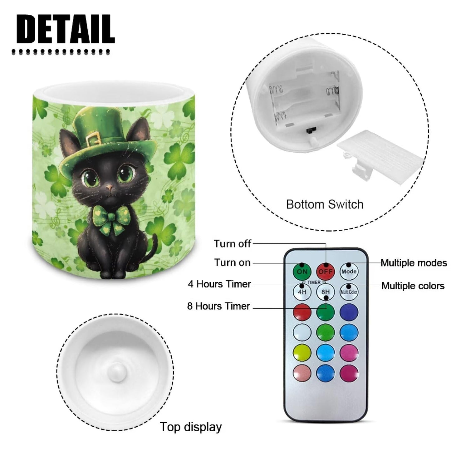 Merkmak 4Pcs St Patrick's Day Shamrocks Flameless Candles with Remote Battery Operated Candles with Timer, Cute Black Cat Pillar Tea Lights Bulk for Indoor Outdoor Home Decorations