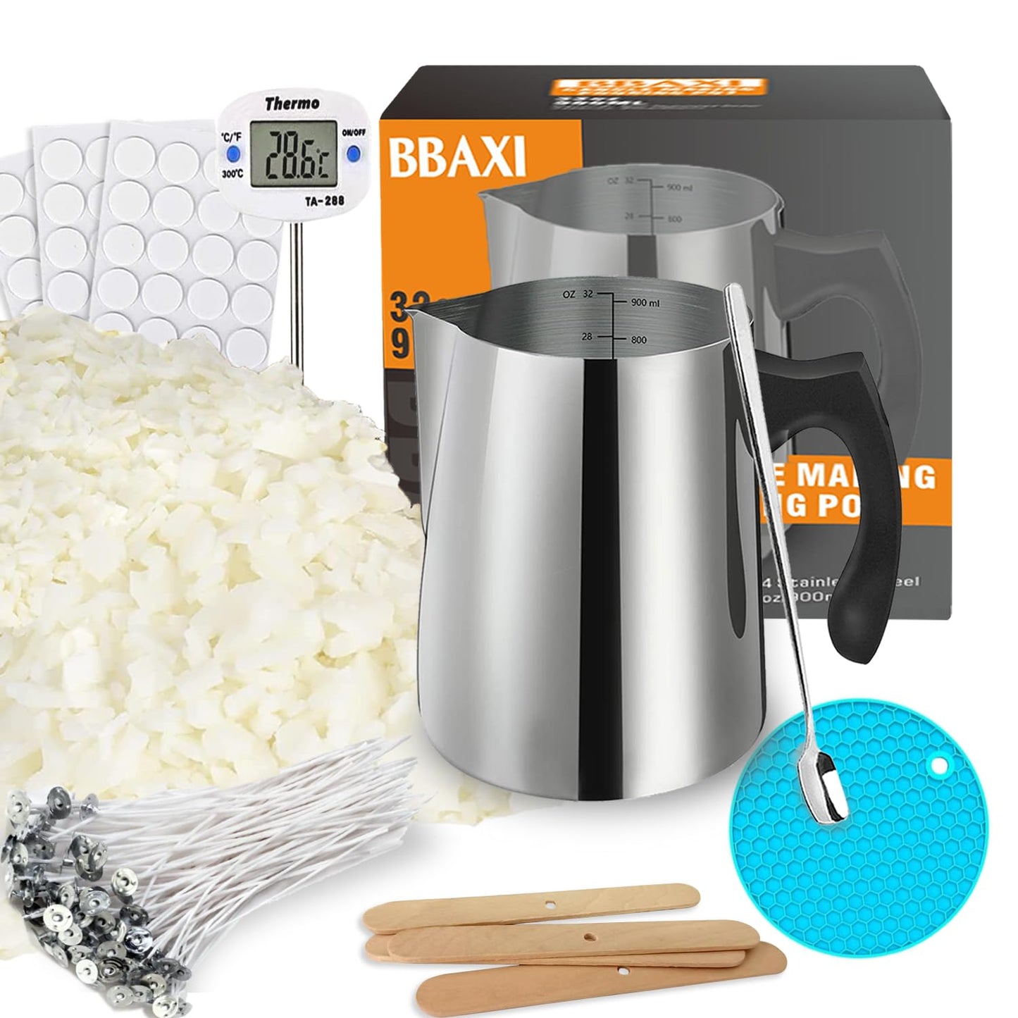 BBAXI Candle Making kit Supplies，Nature Soy Wax DIY Craft Tools with 32oz Candle Making Pouring Pot,16oz Soy Wax,Wooden Wick Holders, Candle Wicks,Stickers,Thermometer and Spoon for Beginners Adults