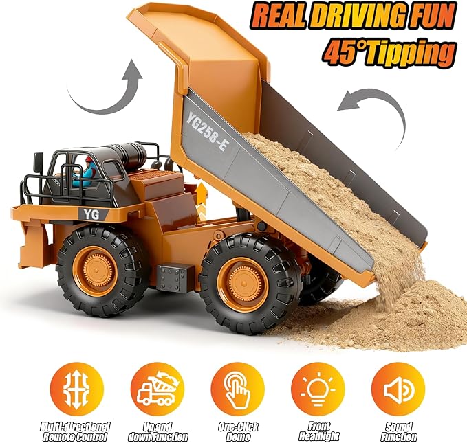HuiJuKeJi Remote Control Dump Truck - 360° Rotating Metal Bed 9-Channel RC Construction Toy for Indoor Outdoor Play Rechargeable with Lights &amp Sounds for Kids Ages 6+
