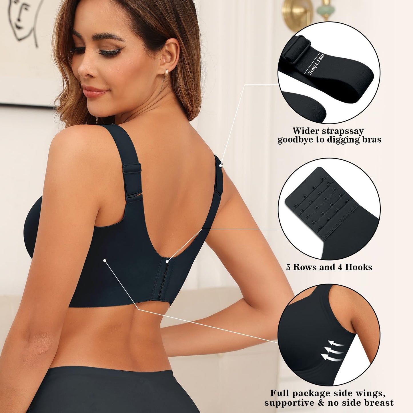 PoseFree Wireless Bras with Support and Lift Wirefree Bras Lift Sagging Breasts Bralette Push Up Seamless Sleep Bra (Black,L)