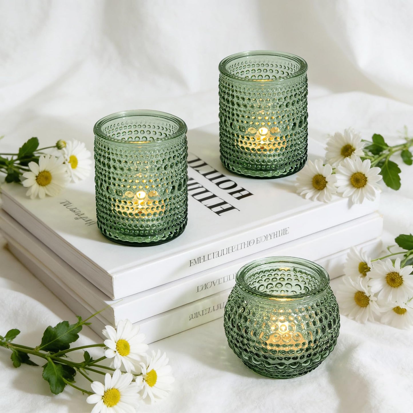 Rubtlamp 24Pack Green Votive & Tea Light Candle Holders with Dot Design, Glass Candle Holder for Table Centerpiece, Wedding, Baby Shower, Home Decorations